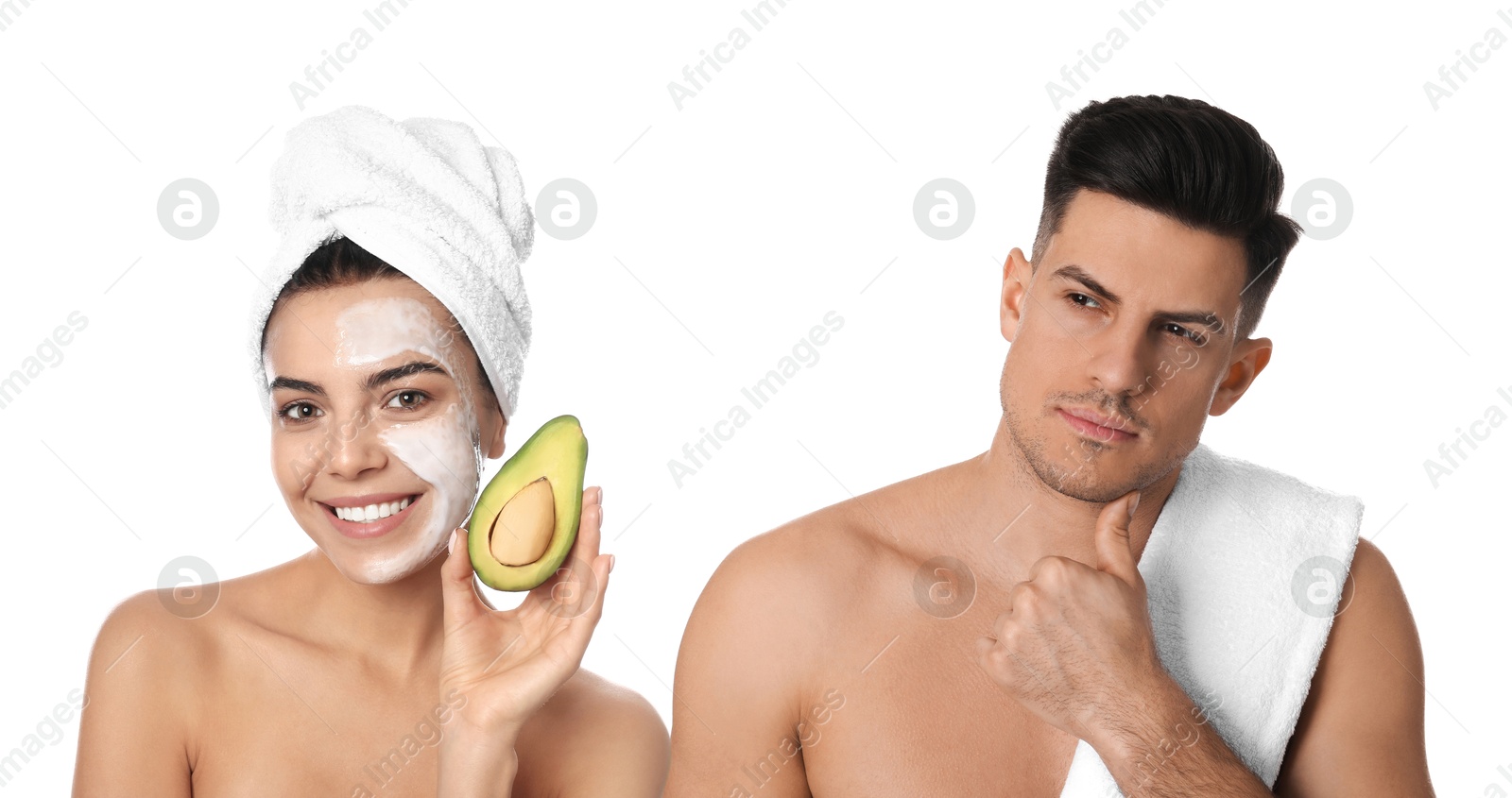 Image of Facial treatment. Woman and man taking care of their skin on white background