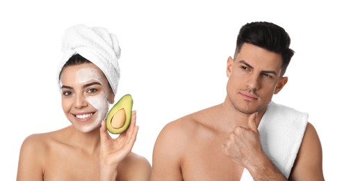 Image of Facial treatment. Woman and man taking care of their skin on white background