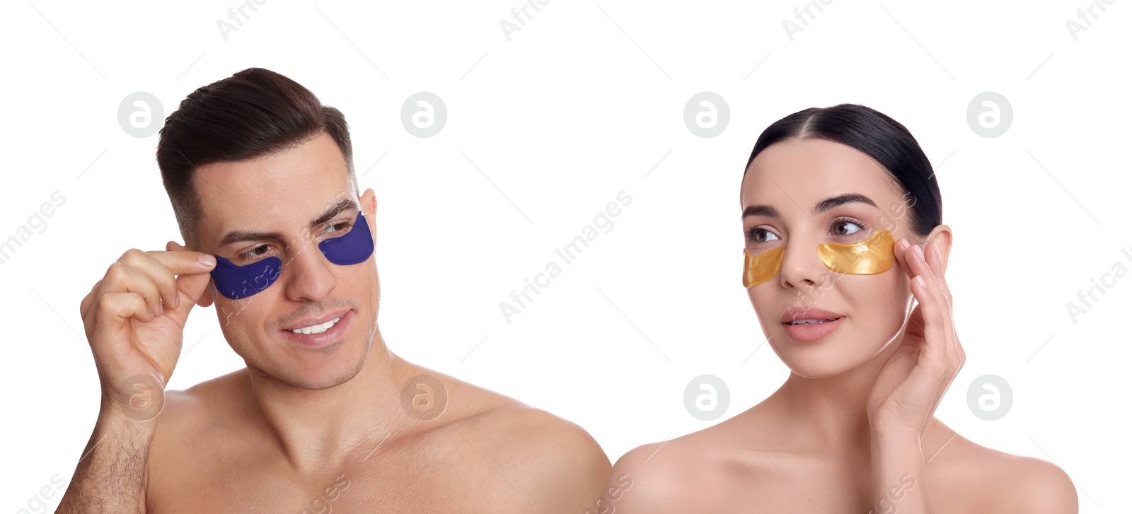 Image of Facial treatment. Woman and man taking care of their skin on white background