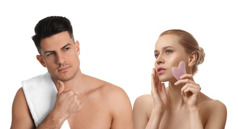 Image of Facial treatment. Woman and man taking care of their skin on white background