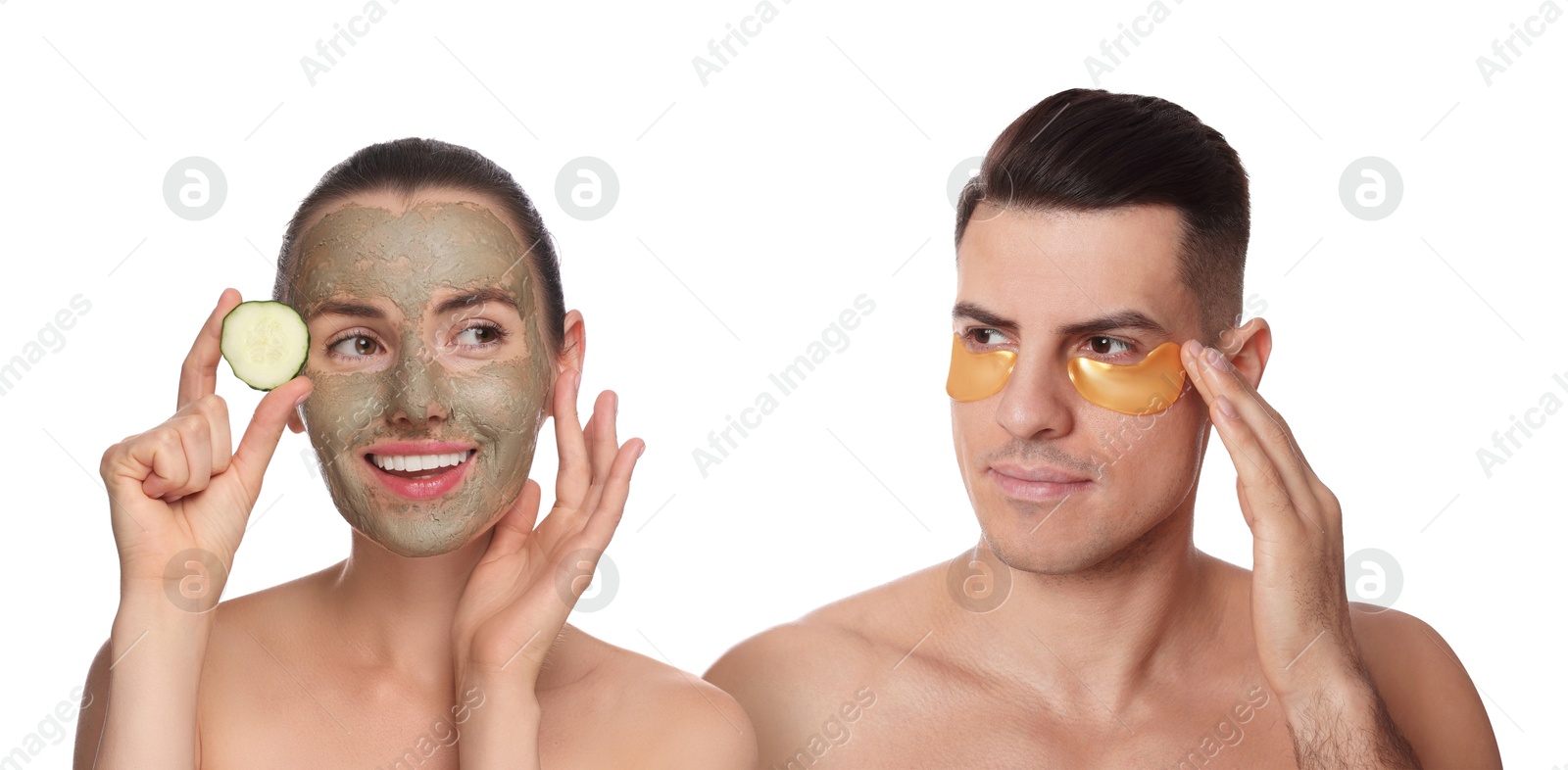 Image of Facial treatment. Woman and man taking care of their skin on white background