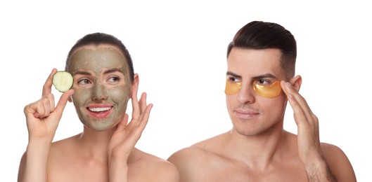 Image of Facial treatment. Woman and man taking care of their skin on white background