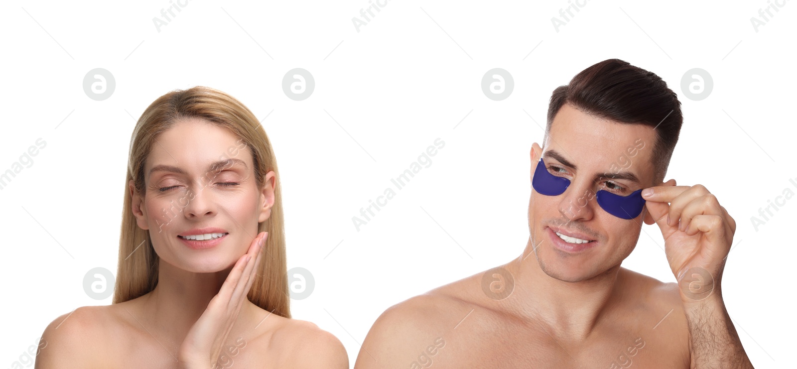 Image of Facial treatment. Woman and man taking care of their skin on white background