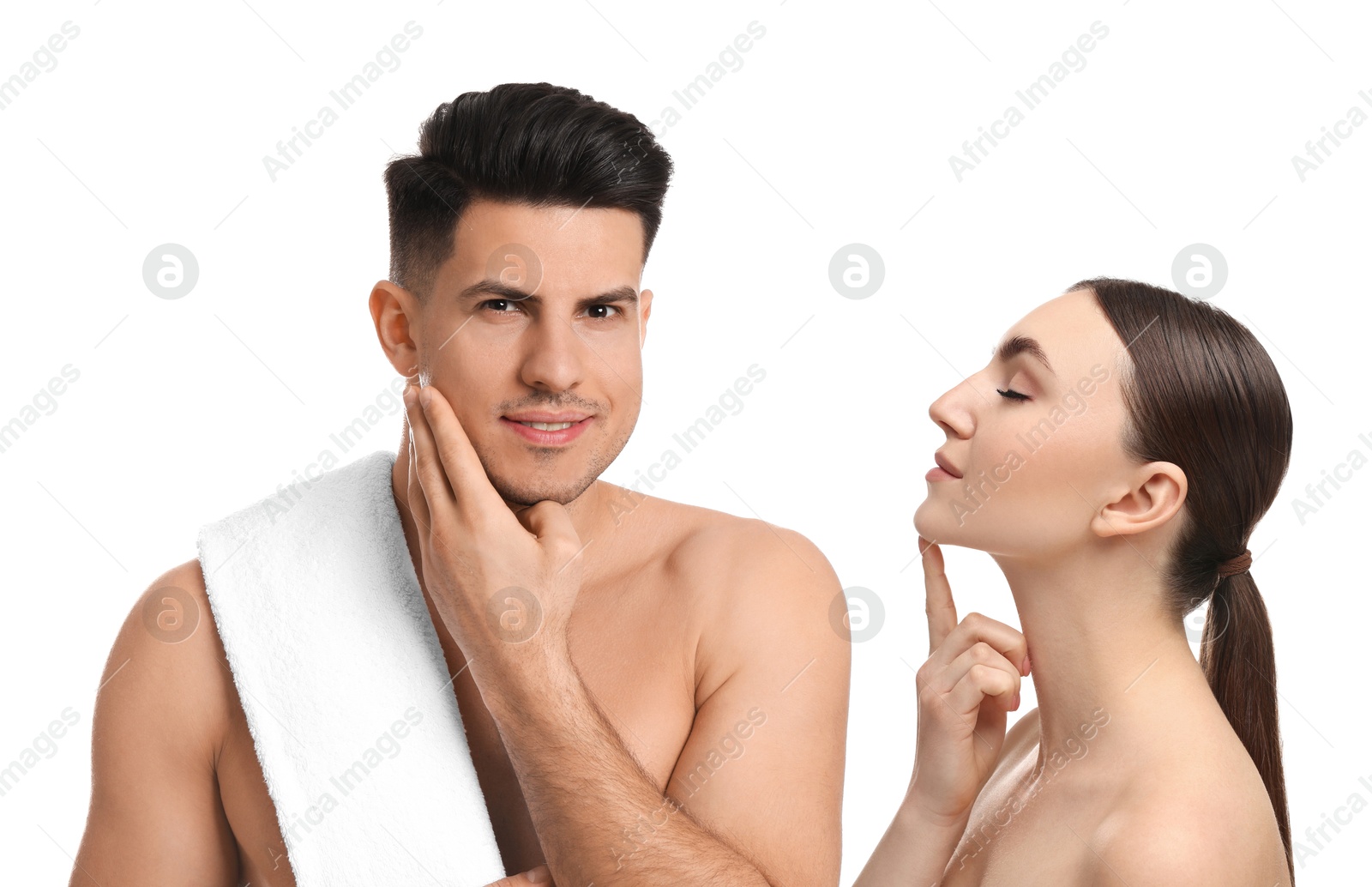 Image of Facial treatment. Woman and man with perfect skin on white background