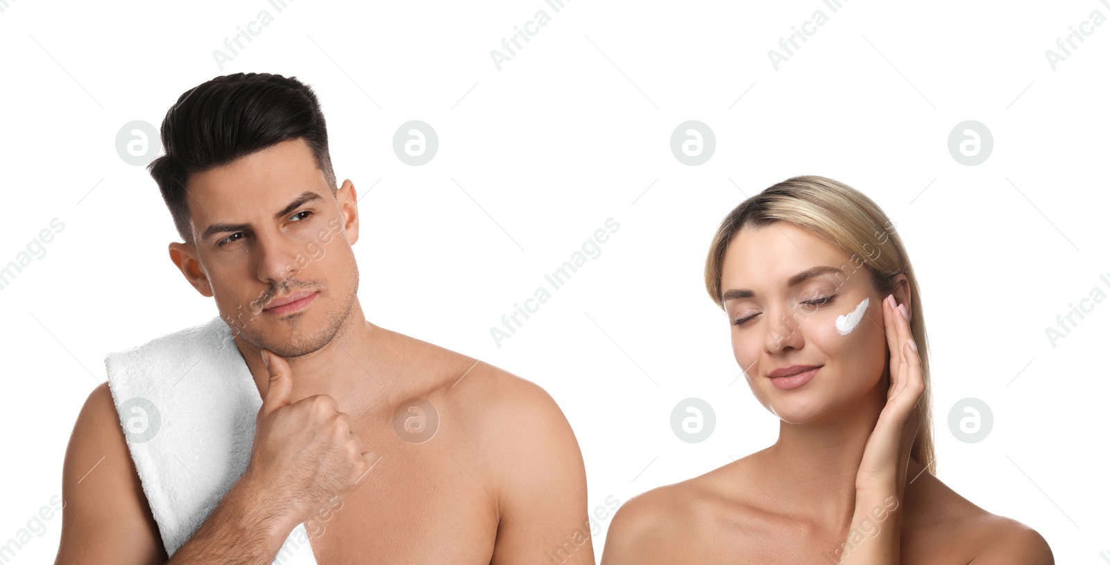 Image of Facial treatment. Woman and man taking care of their skin on white background