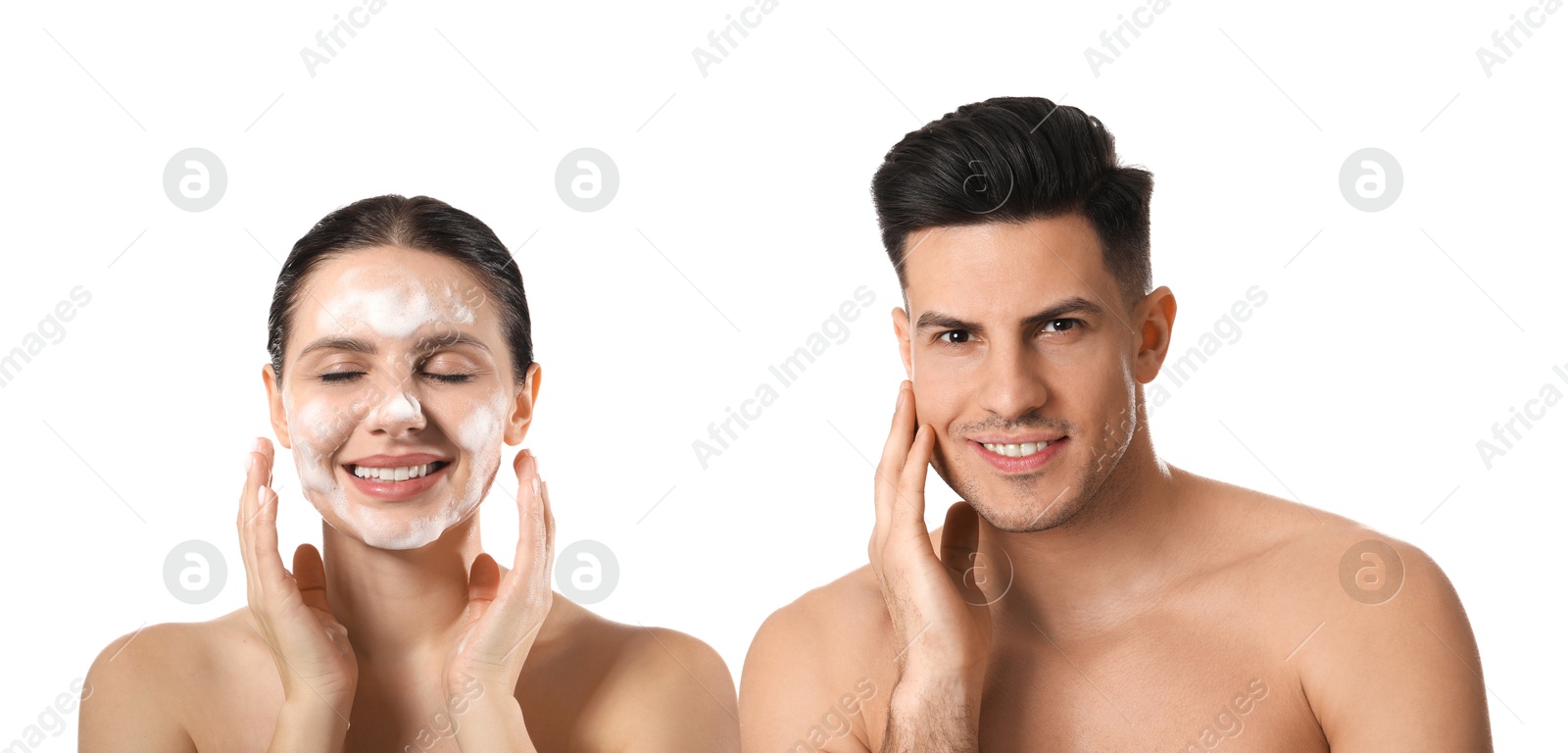 Image of Facial treatment. Woman and man taking care of their skin on white background