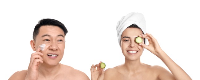 Image of Facial treatment. Woman and man taking care of their skin on white background