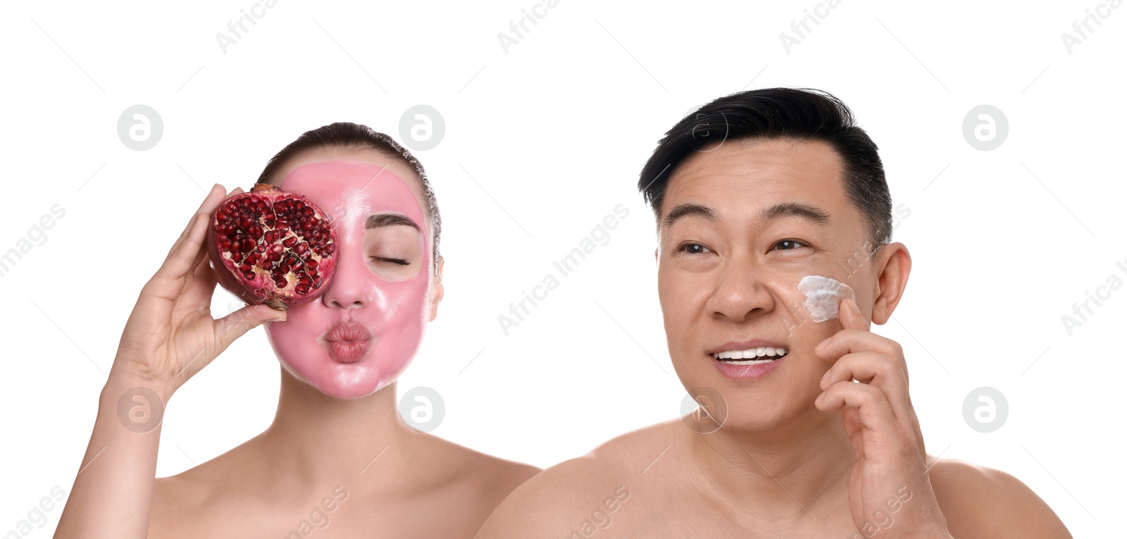 Image of Facial treatment. Woman and man taking care of their skin on white background