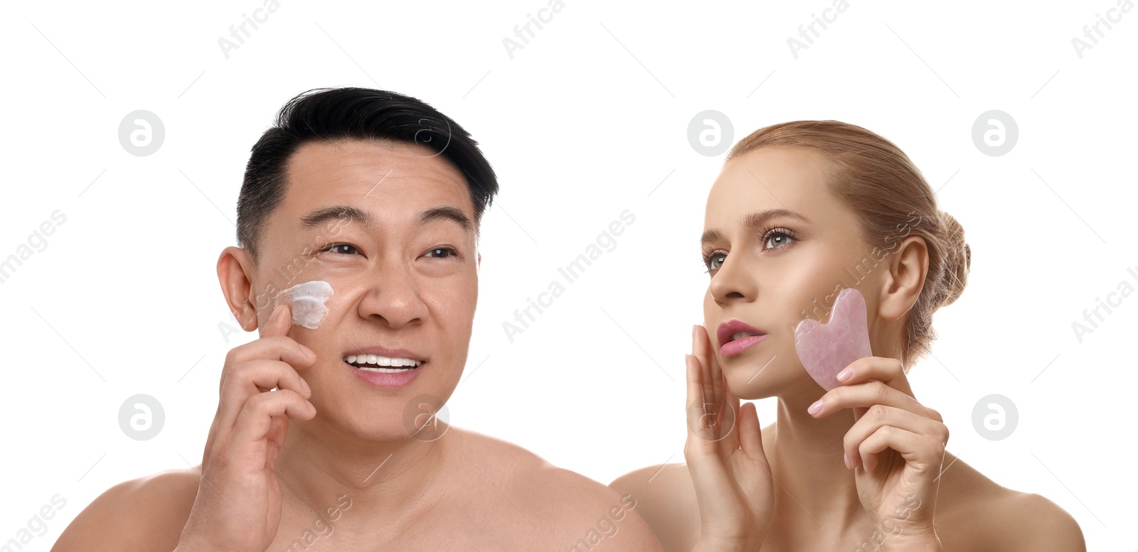 Image of Facial treatment. Woman and man taking care of their skin on white background