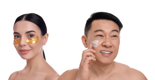 Image of Facial treatment. Woman and man taking care of their skin on white background