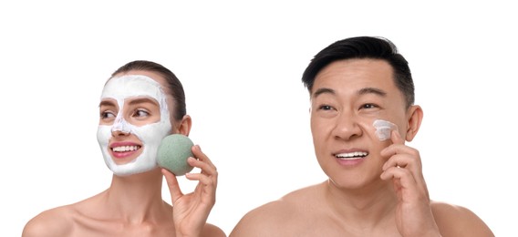 Image of Facial treatment. Woman and man taking care of their skin on white background