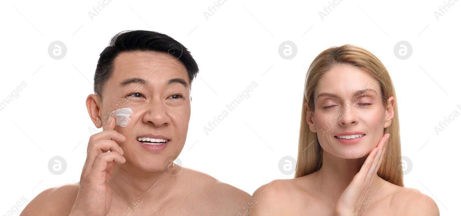 Image of Facial treatment. Woman and man taking care of their skin on white background