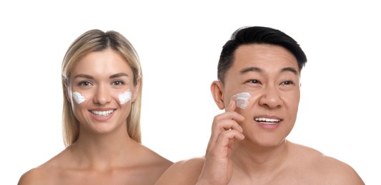 Image of Facial treatment. Woman and man taking care of their skin on white background