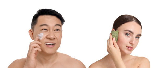 Image of Facial treatment. Woman and man taking care of their skin on white background