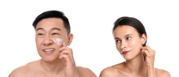 Image of Facial treatment. Woman and man taking care of their skin on white background