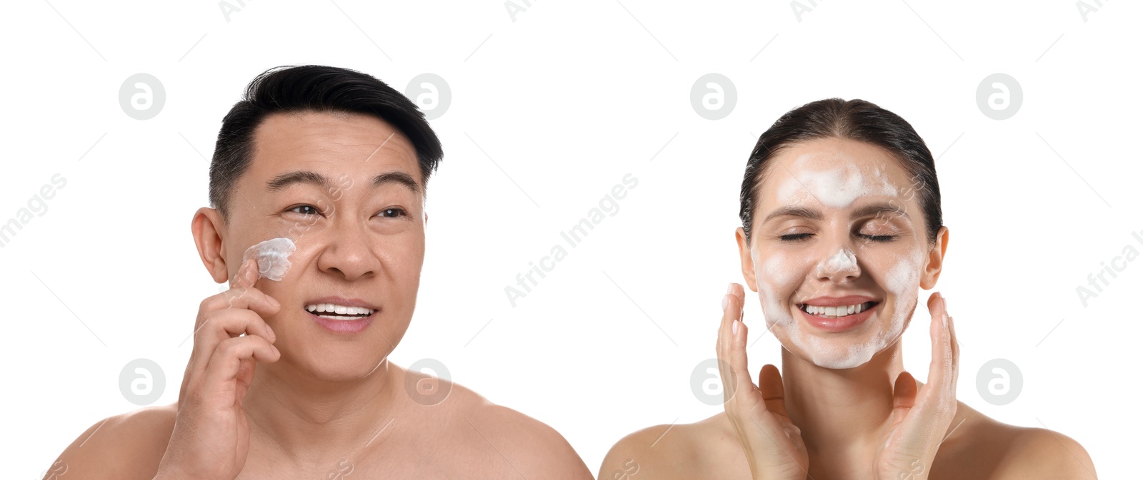 Image of Facial treatment. Woman and man taking care of their skin on white background