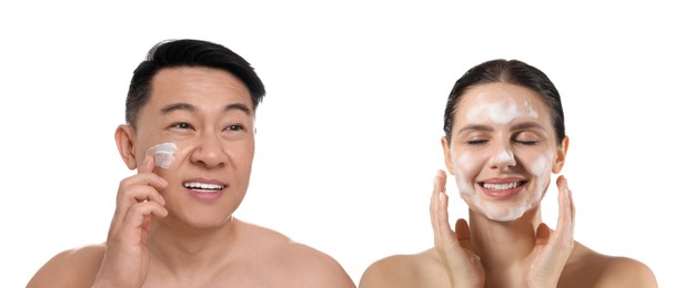 Image of Facial treatment. Woman and man taking care of their skin on white background