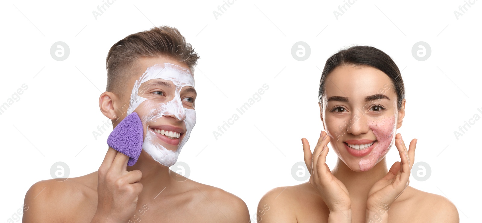 Image of Facial treatment. Woman and man taking care of their skin on white background