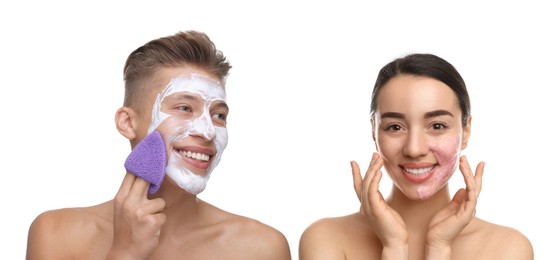 Image of Facial treatment. Woman and man taking care of their skin on white background