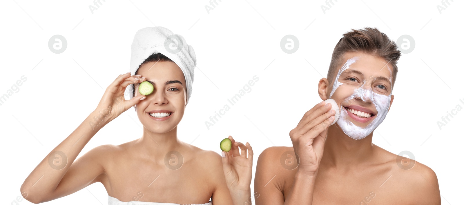 Image of Facial treatment. Woman and man taking care of their skin on white background