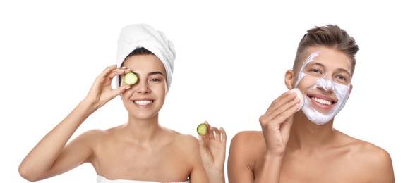 Image of Facial treatment. Woman and man taking care of their skin on white background