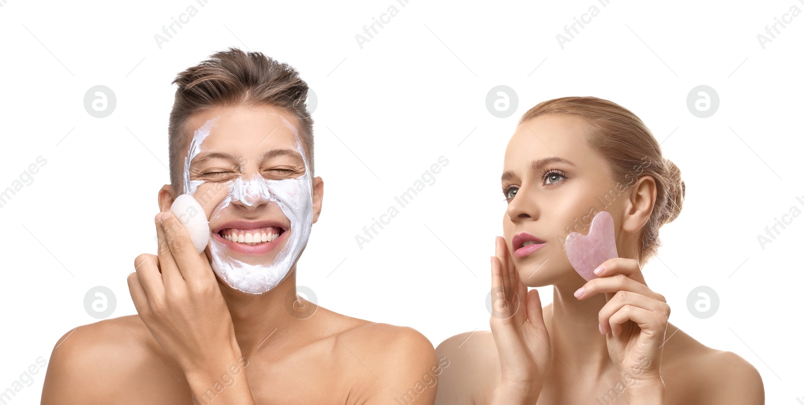 Image of Facial treatment. Woman and man taking care of their skin on white background