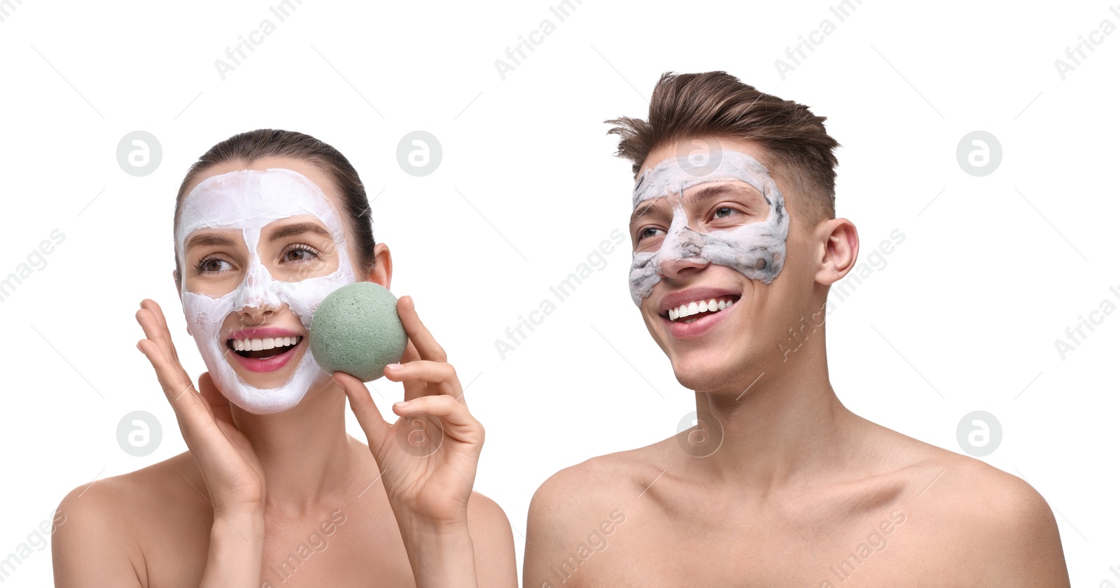 Image of Facial treatment. Woman and man taking care of their skin on white background