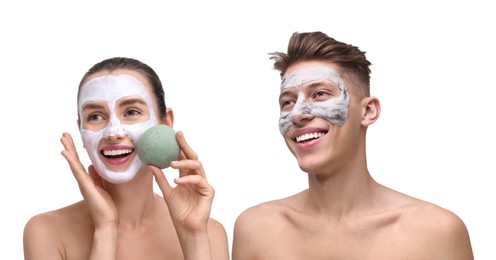 Image of Facial treatment. Woman and man taking care of their skin on white background