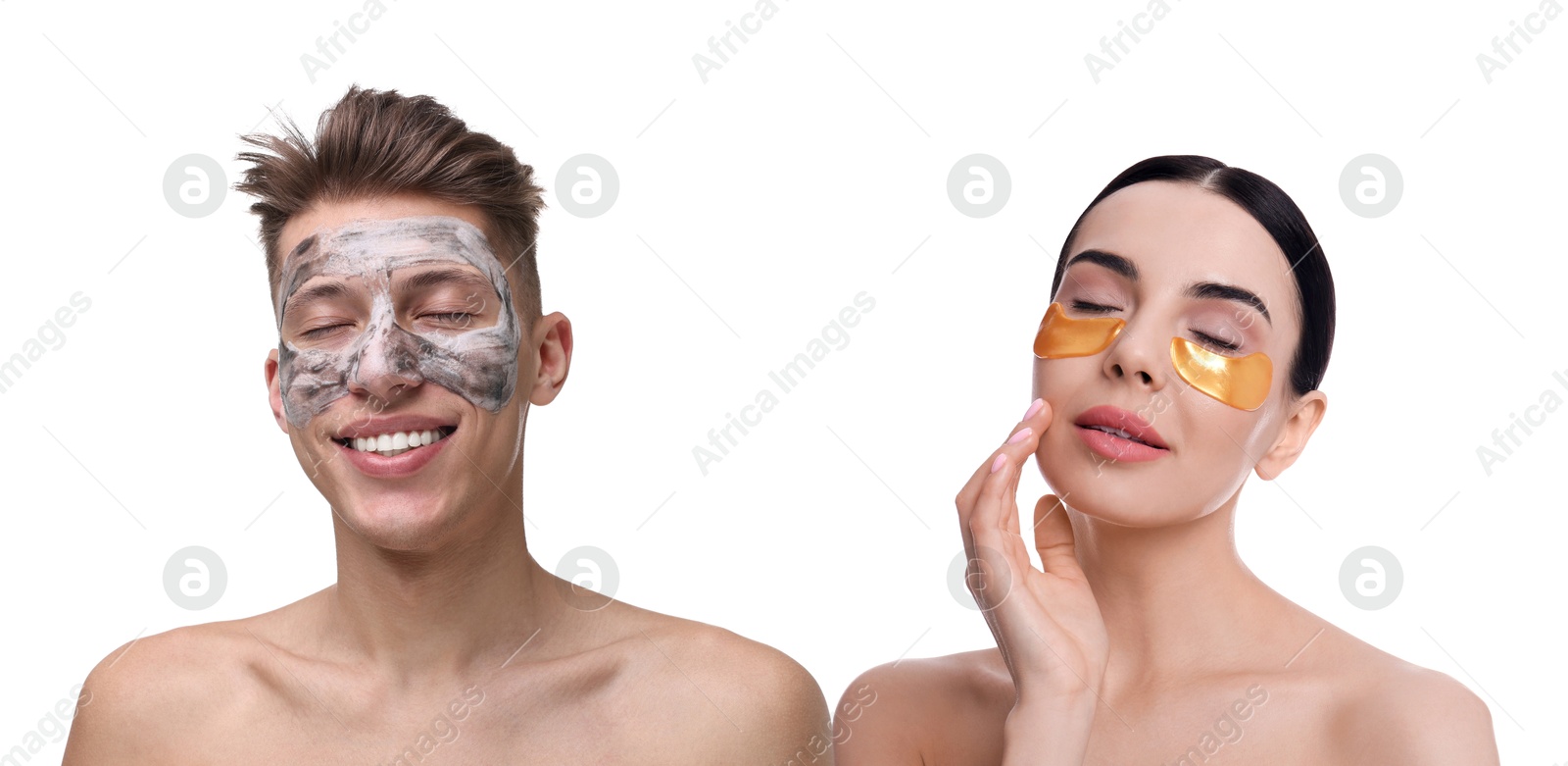 Image of Facial treatment. Woman and man taking care of their skin on white background