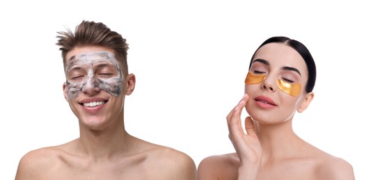 Image of Facial treatment. Woman and man taking care of their skin on white background