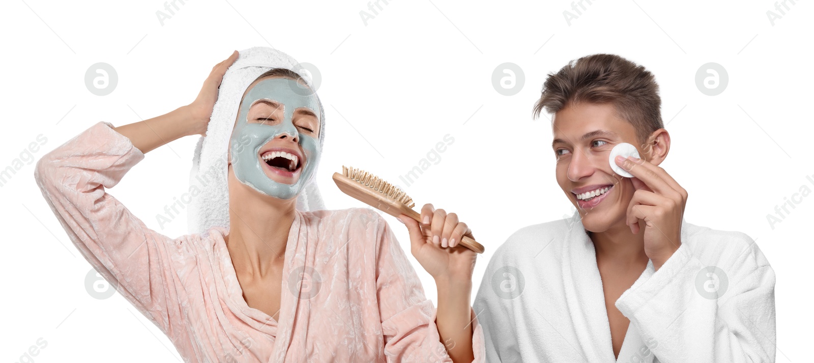 Image of Facial treatment. Woman and man taking care of their skin on white background