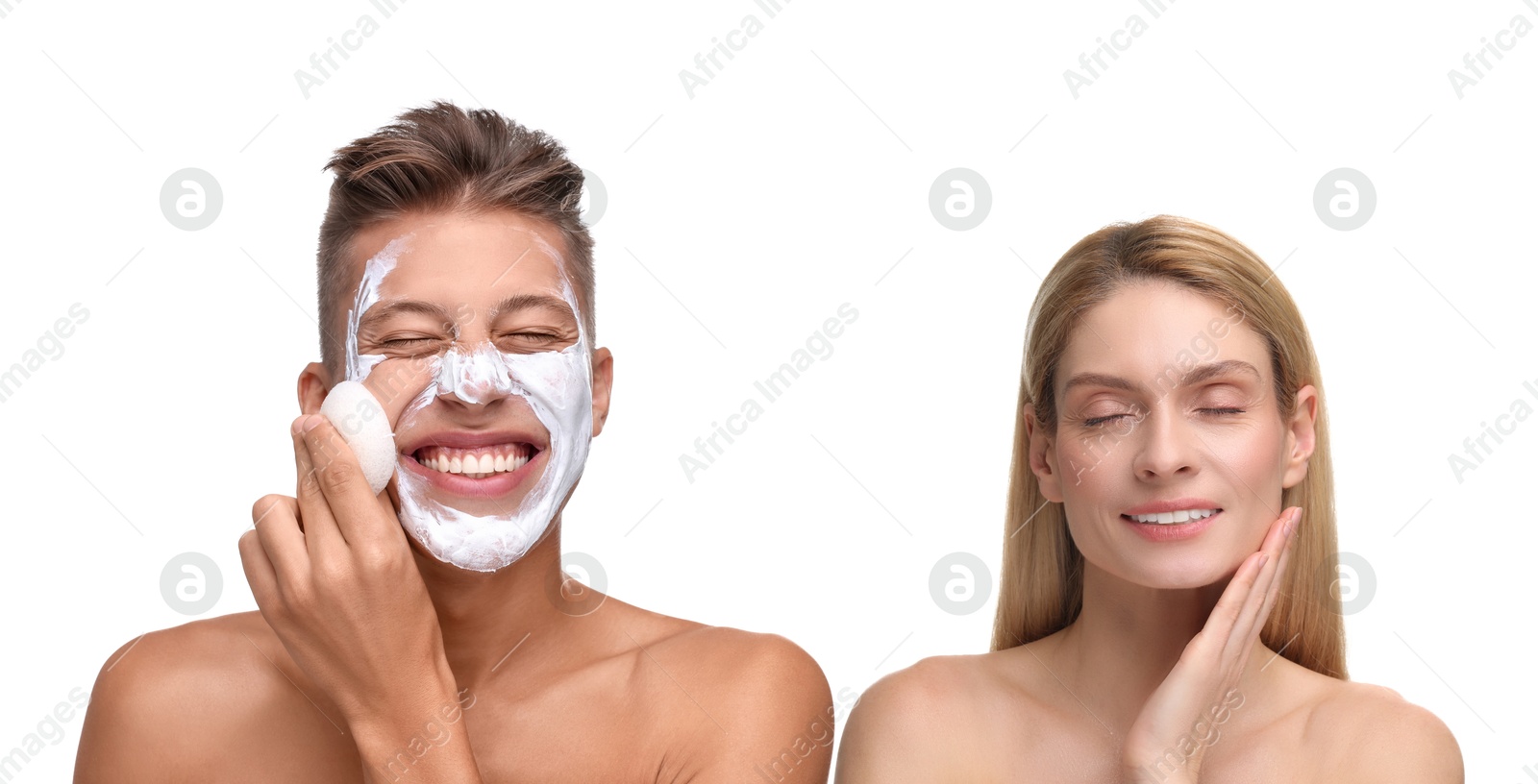 Image of Facial treatment. Woman and man taking care of their skin on white background