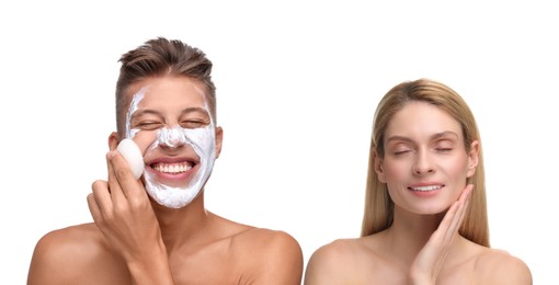 Image of Facial treatment. Woman and man taking care of their skin on white background