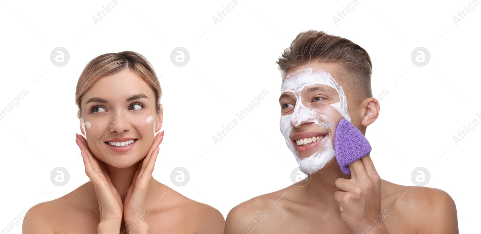 Image of Facial treatment. Woman and man taking care of their skin on white background