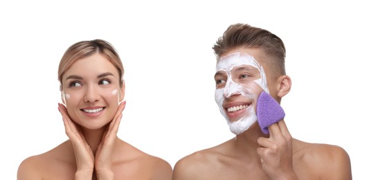 Image of Facial treatment. Woman and man taking care of their skin on white background