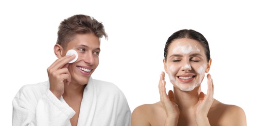 Image of Facial treatment. Woman and man taking care of their skin on white background