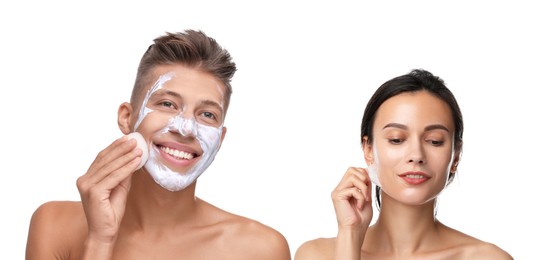 Image of Facial treatment. Woman and man taking care of their skin on white background