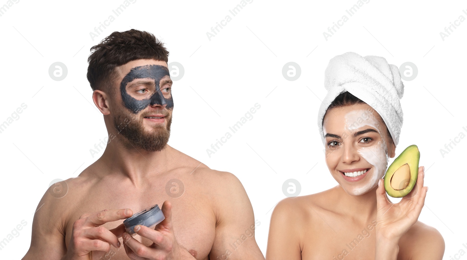 Image of Facial treatment. Woman and man taking care of their skin on white background