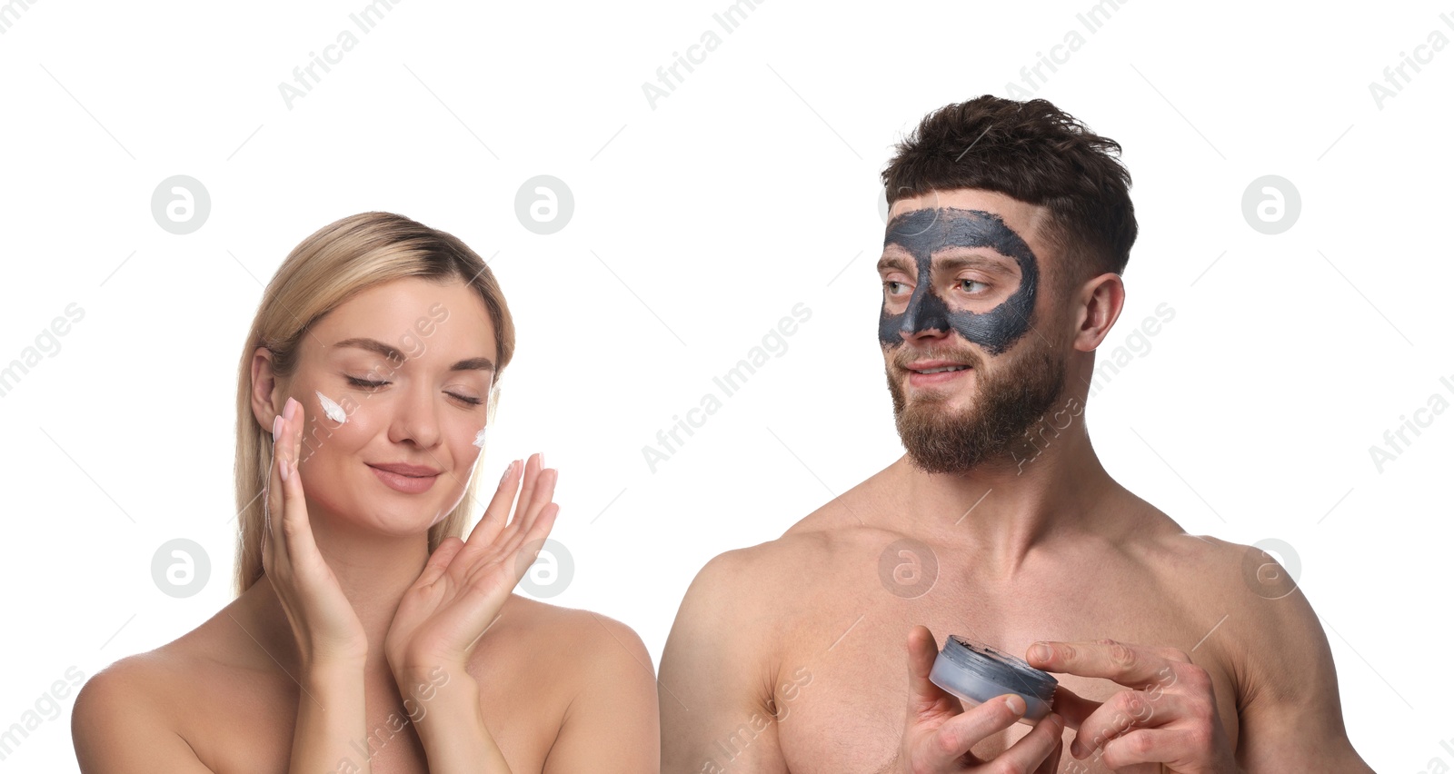 Image of Facial treatment. Woman and man taking care of their skin on white background