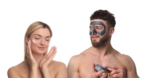 Image of Facial treatment. Woman and man taking care of their skin on white background