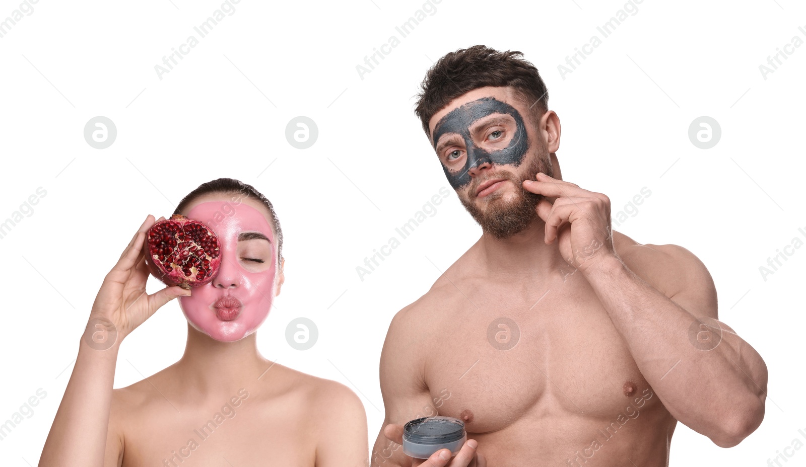 Image of Facial treatment. Woman and man taking care of their skin on white background