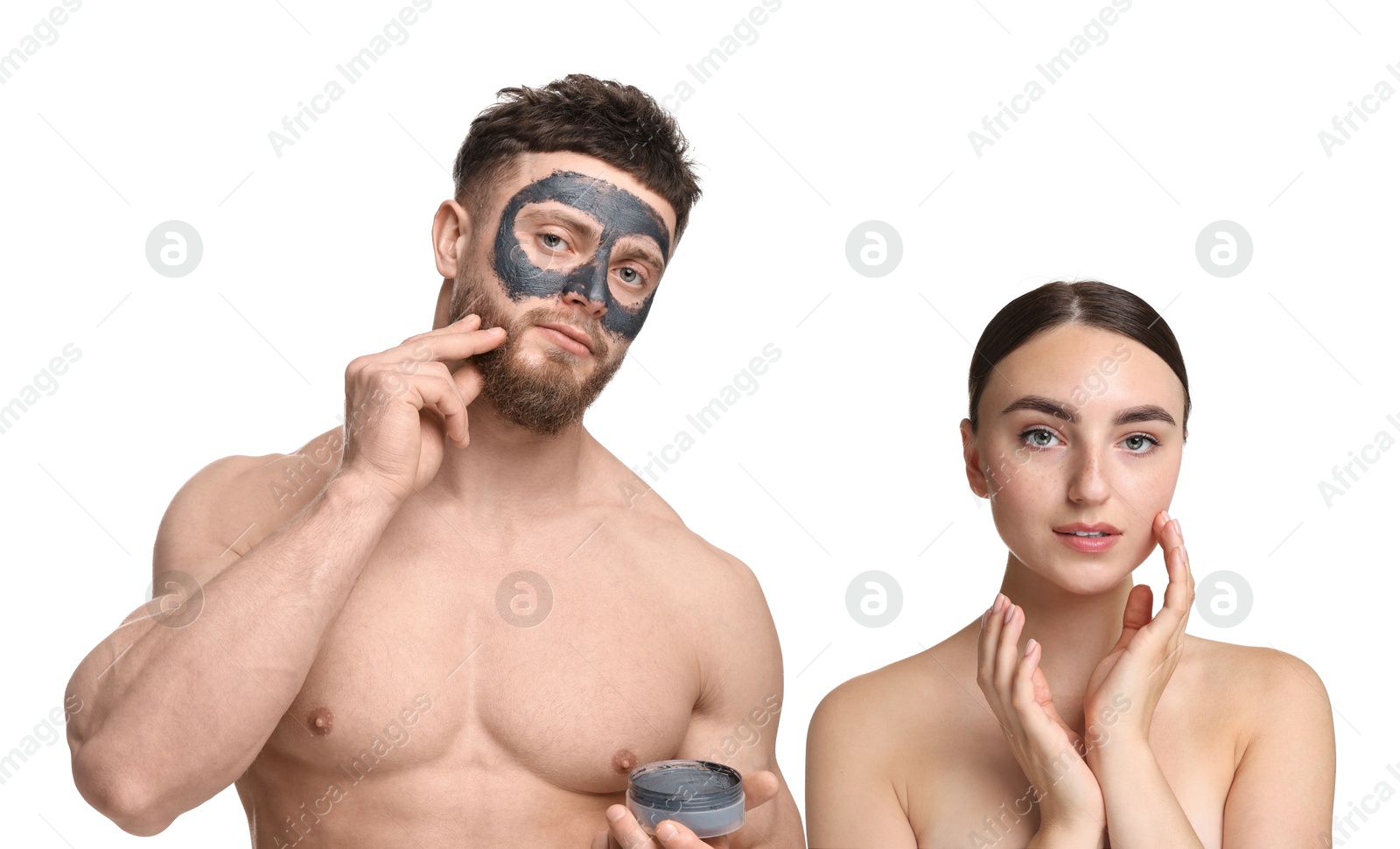 Image of Facial treatment. Woman and man taking care of their skin on white background