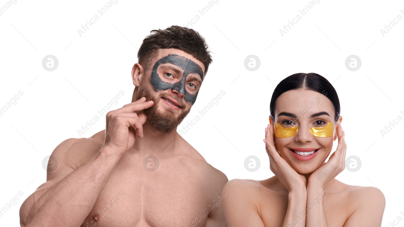 Image of Facial treatment. Woman and man taking care of their skin on white background