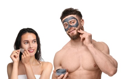 Image of Facial treatment. Woman and man taking care of their skin on white background