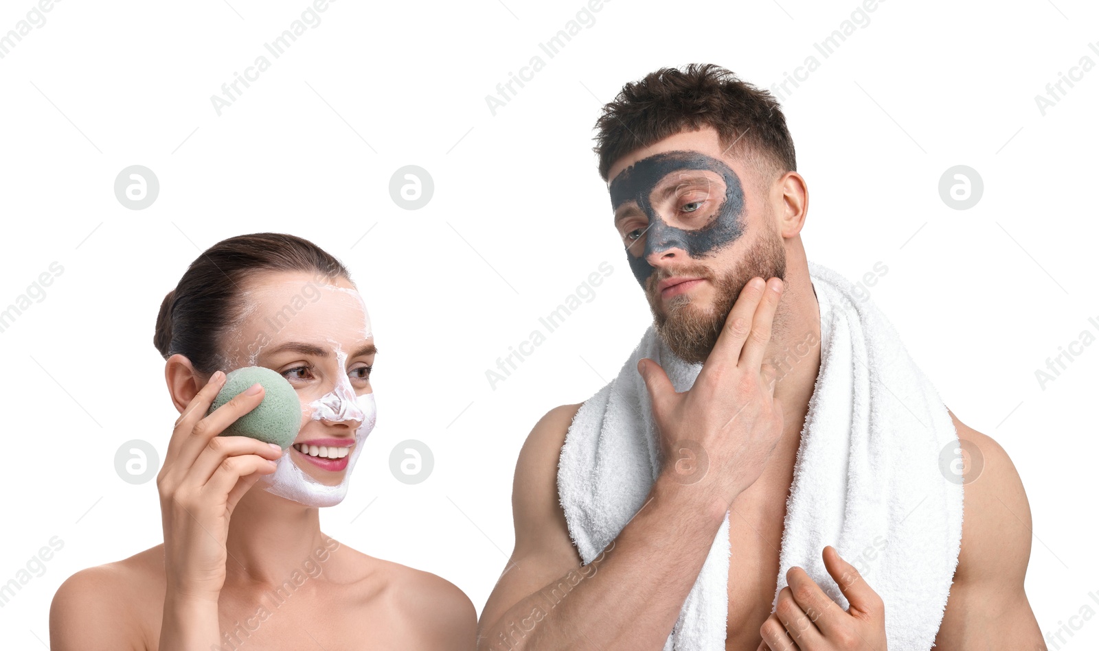 Image of Facial treatment. Woman and man taking care of their skin on white background