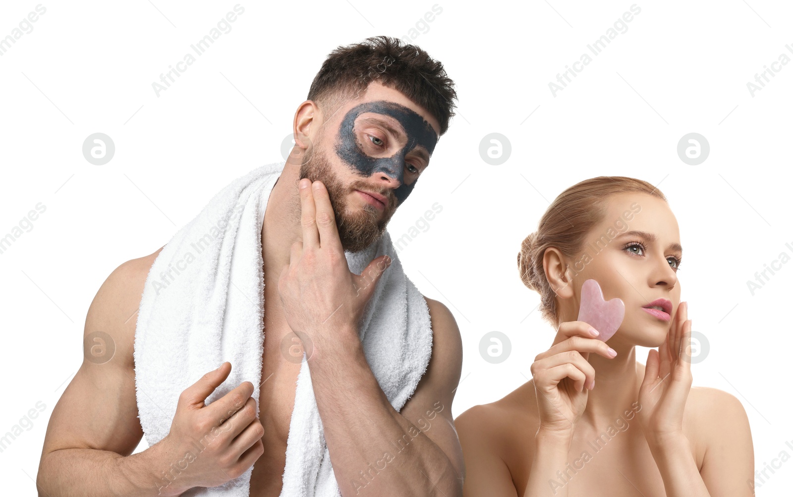 Image of Facial treatment. Woman and man taking care of their skin on white background