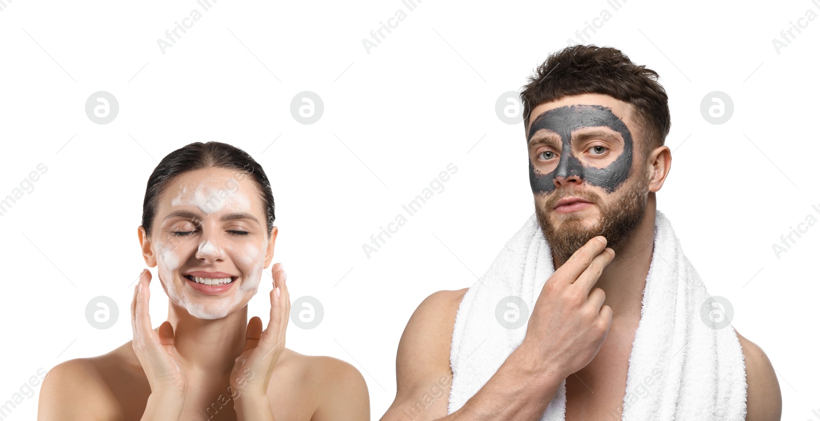 Image of Facial treatment. Woman and man taking care of their skin on white background