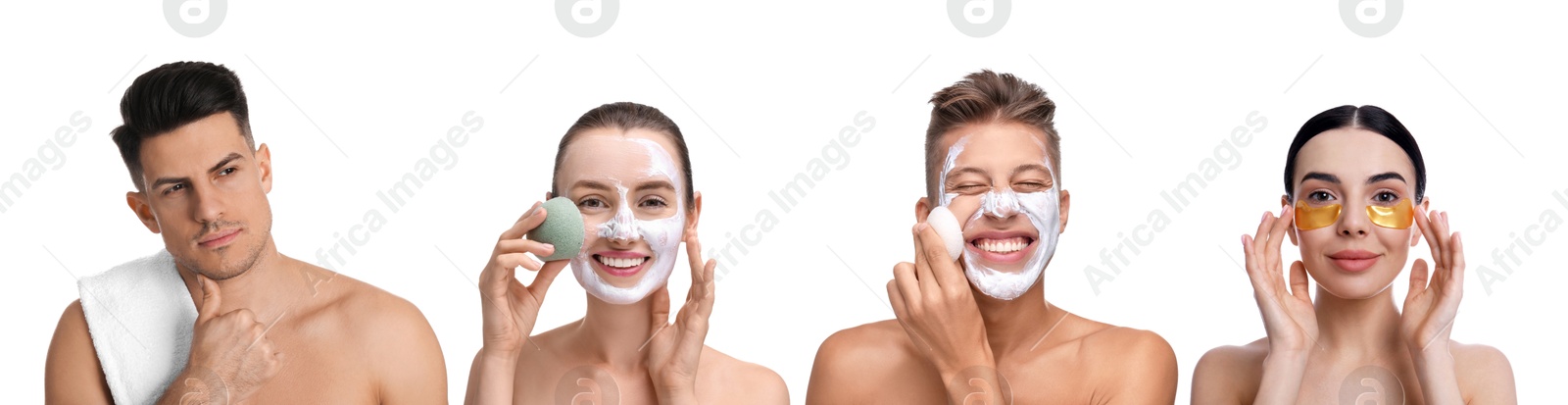 Image of Facial treatment. Women and men taking care of their skin on white background