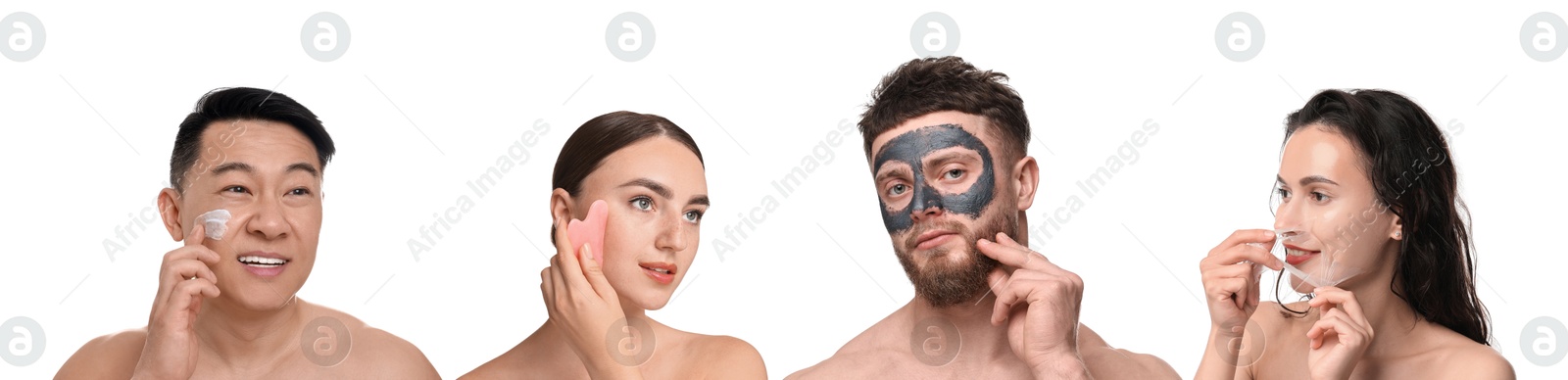 Image of Facial treatment. Women and men taking care of their skin on white background