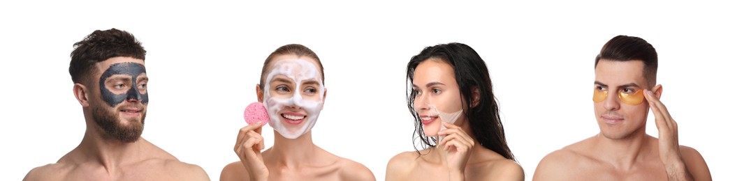 Image of Facial treatment. Women and men taking care of their skin on white background